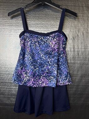 Navy & Purple Printed One-Piece Swimdress with Supportive Straps